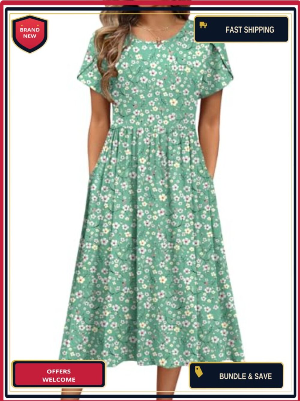 Casual Floral A-Line Midi Dress with Pockets Soft Stretchy Summer Sundress